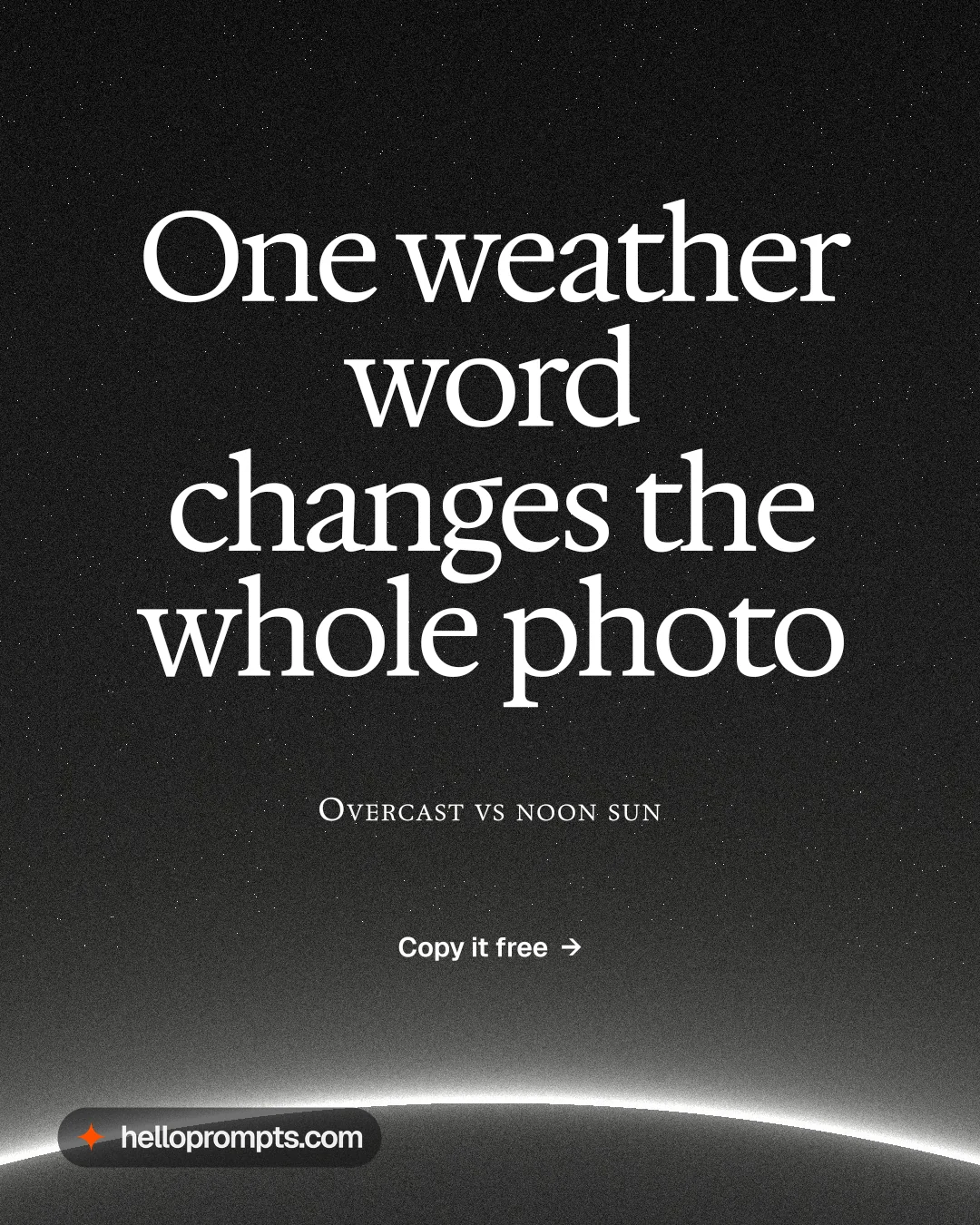Instagram portrait post for HelloPrompts: "One weather word changes the whole photo". Swiss style, smallcaps layout, dark palette in black, grey.