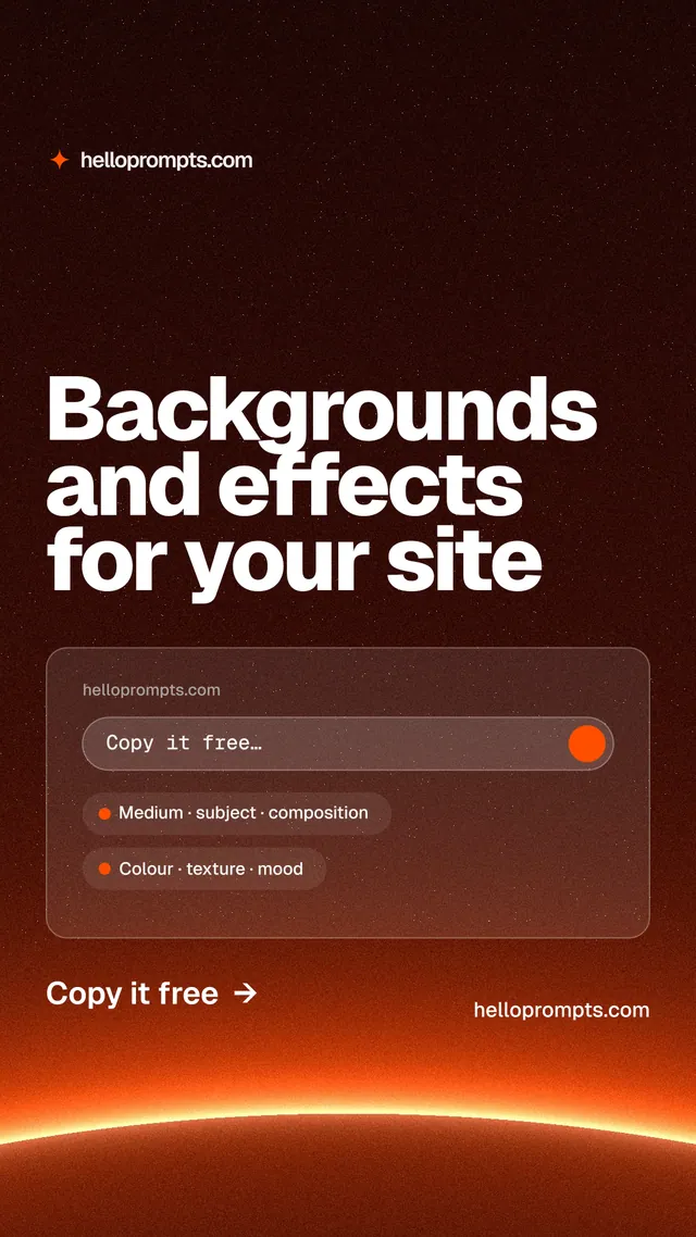 Instagram story for HelloPrompts: "Backgrounds and effects for your site". Turn card style, poster layout, dark palette in red, black, orange.