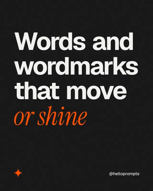 Instagram portrait post for HelloPrompts: "Words and wordmarks that move or shine". Editorial style, technique:mixed type lockup layout, dark palette in black, grey.