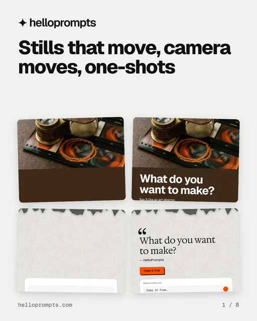 Carousel for HelloPrompts: "Stills that move, camera moves, one-shots". Collection carousel, 8 slides, light palette.
