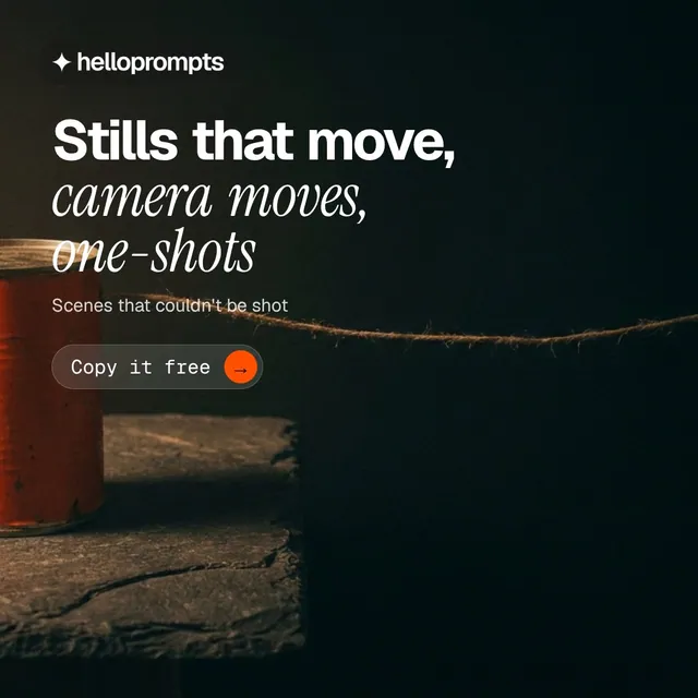 Video for HelloPrompts: "Stills that move, camera moves, one-shots". Doc motion loop, 8.0 s, dark palette.