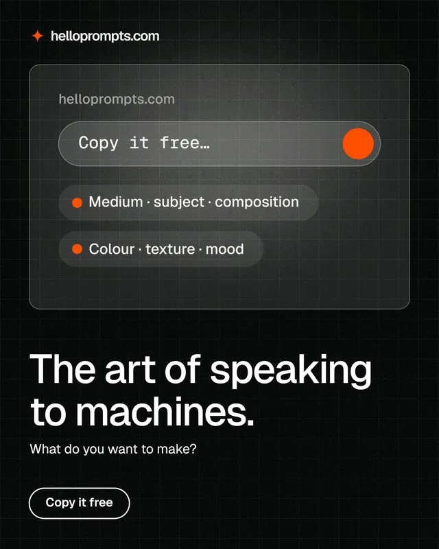 Instagram portrait post for HelloPrompts: "The art of speaking to machines." Phosphor atlas style, bottom layout, dark palette in black, grey.