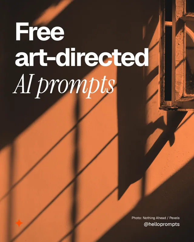 Instagram portrait post for HelloPrompts: "Free art-directed AI prompts". Duotone style, technique:pexels ingredient layout, dark palette in orange, brown.