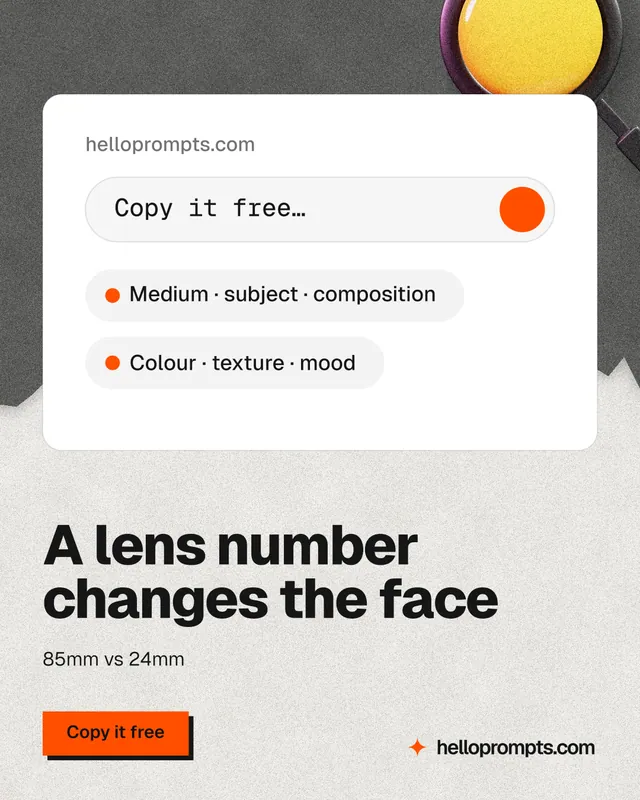 Instagram portrait post for HelloPrompts: "A lens number changes the face". Paper trio style, bottom layout, light palette in white, grey, yellow.