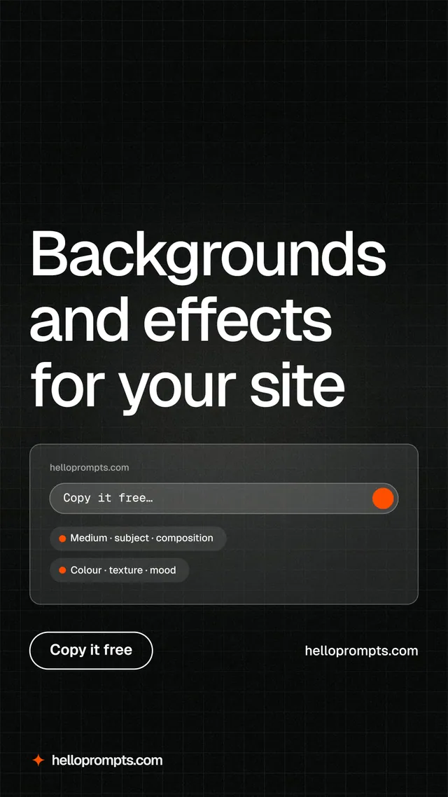 Instagram story for HelloPrompts: "Backgrounds and effects for your site". Phosphor atlas style, poster layout, dark palette in black, grey.