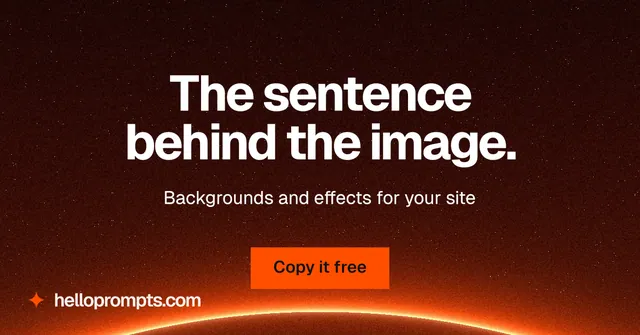 Social ad for HelloPrompts: "The sentence behind the image." Swiss style, centred layout, dark palette in black, red, orange.