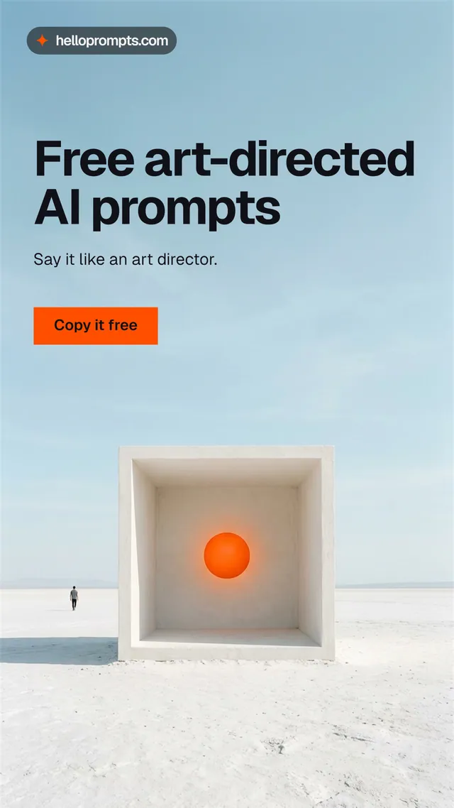 Instagram story for HelloPrompts: "Free art-directed AI prompts". Swiss style, bottom layout, light palette in white, blue, grey.