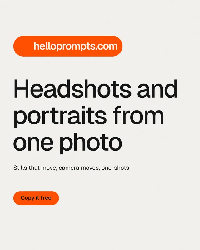 Instagram portrait post for HelloPrompts: "Headshots and portraits from one photo". Data card style, announce layout, light palette in white, orange.