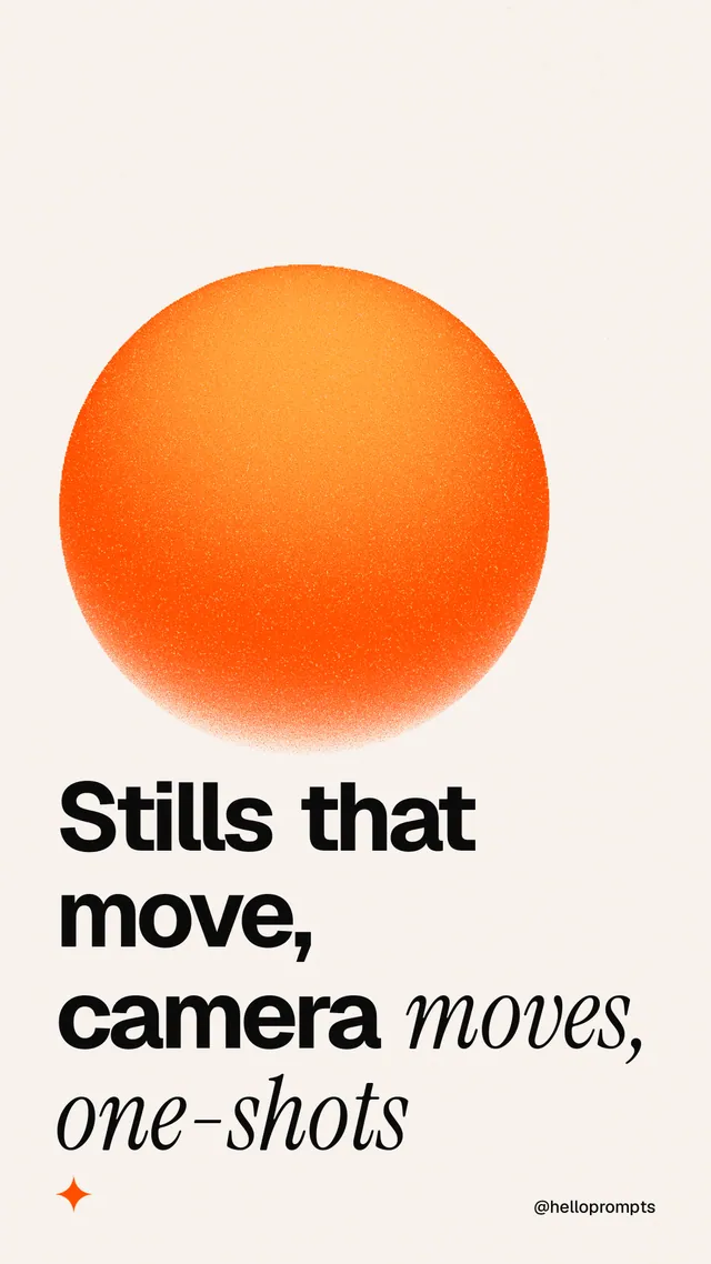 Instagram story for HelloPrompts: "Stills that move, camera moves, one-shots". Auto 9x16 style, technique:shader field layout, light palette in white, orange.