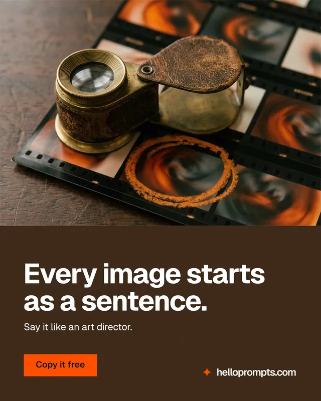 Instagram portrait post for HelloPrompts: "Every image starts as a sentence." Swiss style, bottom layout, dark palette in orange, black, grey.