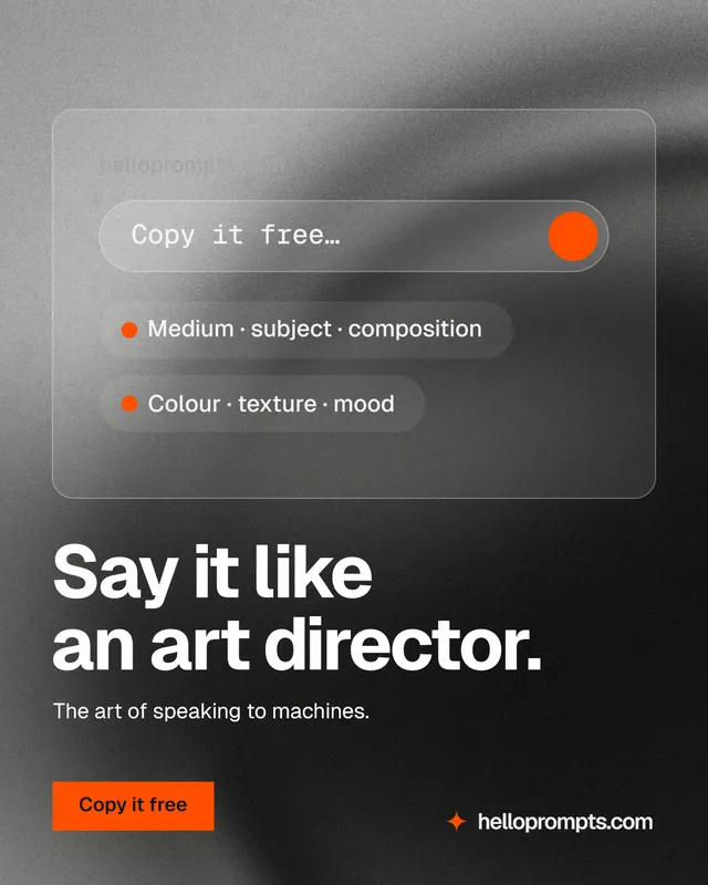 Instagram portrait post for HelloPrompts: "Say it like an art director." Swiss style, bottom layout, dark palette in black, grey.