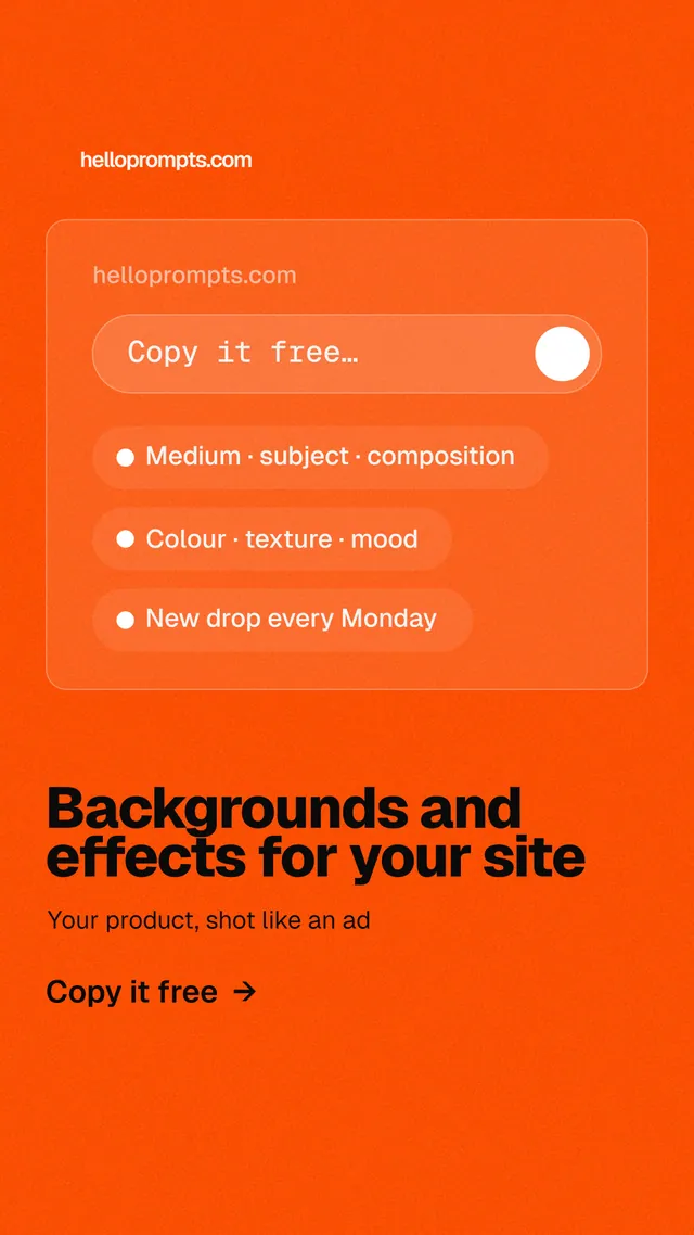 Instagram story for HelloPrompts: "Backgrounds and effects for your site". Turn card style, bottom layout, light palette in orange.