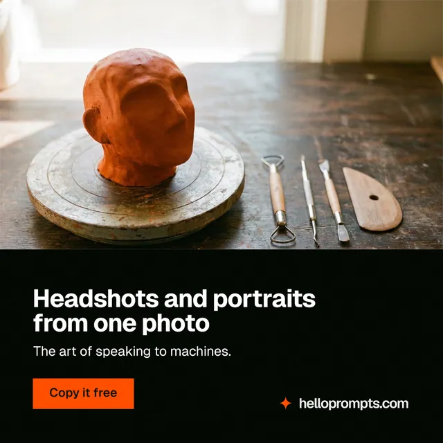 Instagram post for HelloPrompts: "Headshots and portraits from one photo". Swiss style, bottom layout, dark palette in black, white, orange.