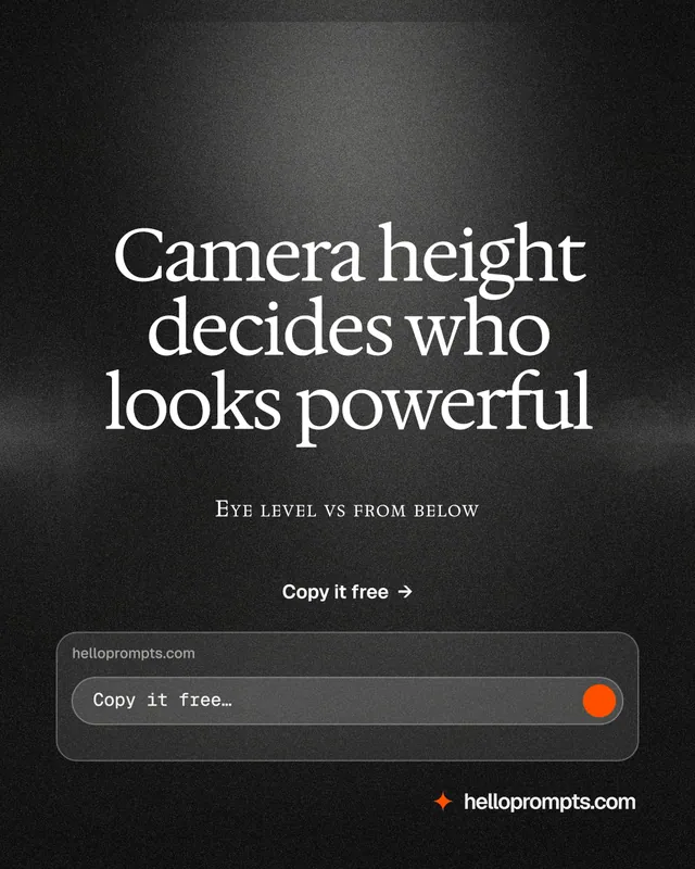 Instagram portrait post for HelloPrompts: "Camera height decides who looks powerful". Dark deco style, smallcaps layout, dark palette in black, grey.