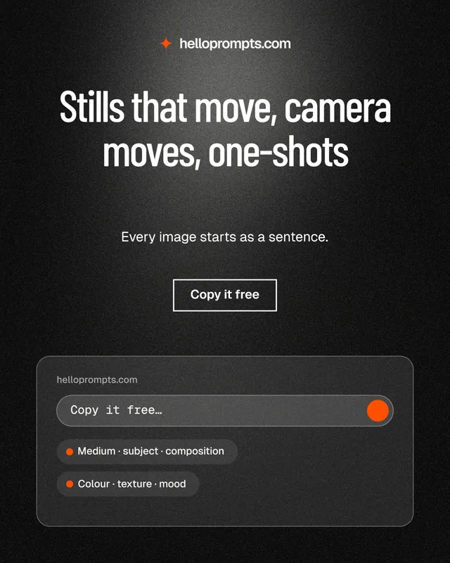 Instagram portrait post for HelloPrompts: "Stills that move, camera moves, one-shots". Dark deco style, centred layout, dark palette in black, grey.
