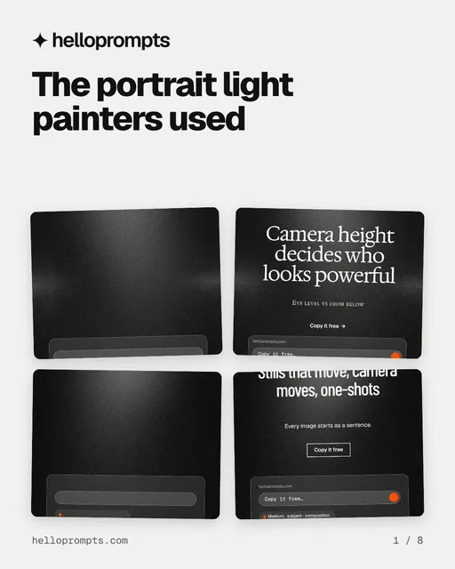 Carousel for HelloPrompts: "The portrait light painters used". Collection carousel, 8 slides, light palette.