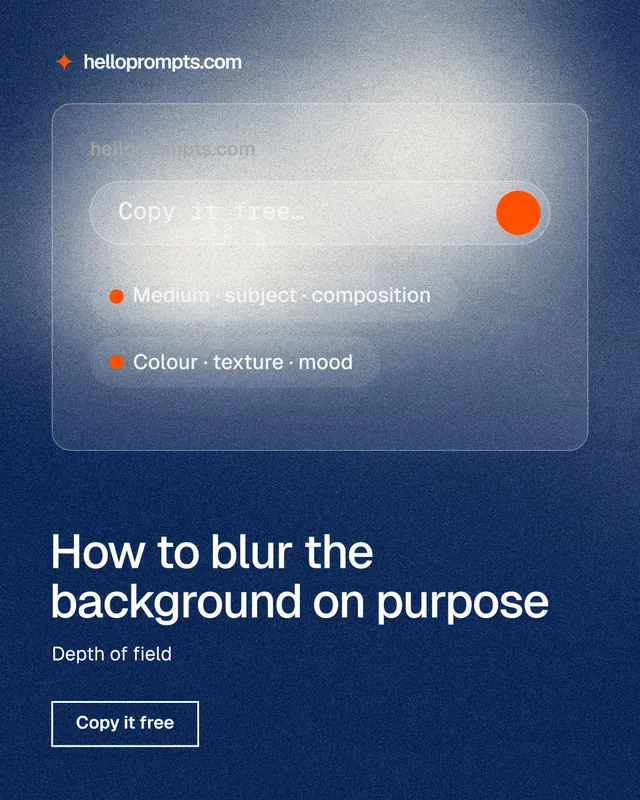 Instagram portrait post for HelloPrompts: "How to blur the background on purpose". Cyanotype style, bottom layout, dark palette in blue, grey.