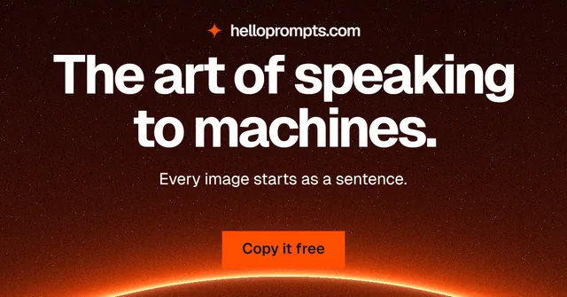 Social ad for HelloPrompts: "The art of speaking to machines." Swiss style, centred layout, dark palette in red, black, orange.