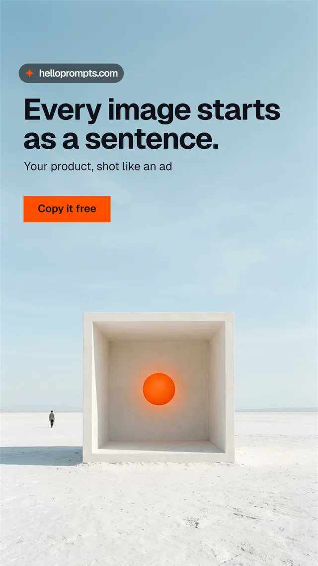 Instagram story for HelloPrompts: "Every image starts as a sentence." Swiss style, bottom layout, light palette in blue, white, grey.