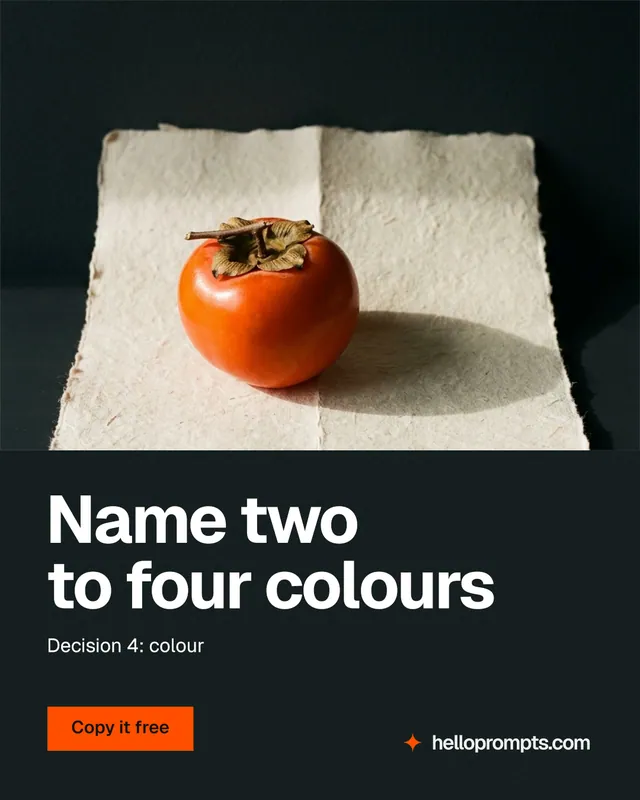 Instagram portrait post for HelloPrompts: "Name two to four colours". Swiss style, bottom layout, dark palette in black, yellow, orange.