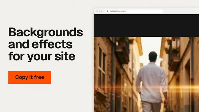 Landscape graphic for HelloPrompts: "Backgrounds and effects for your site". Swiss style, browser layout, light palette in white, brown, orange.