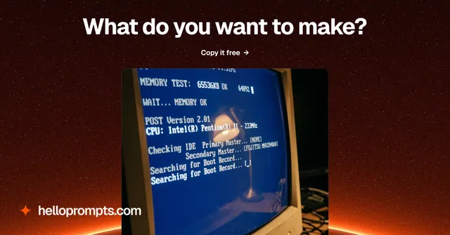 Social ad for HelloPrompts: "What do you want to make?" Swiss style, ogui layout, dark palette in black, blue, red.