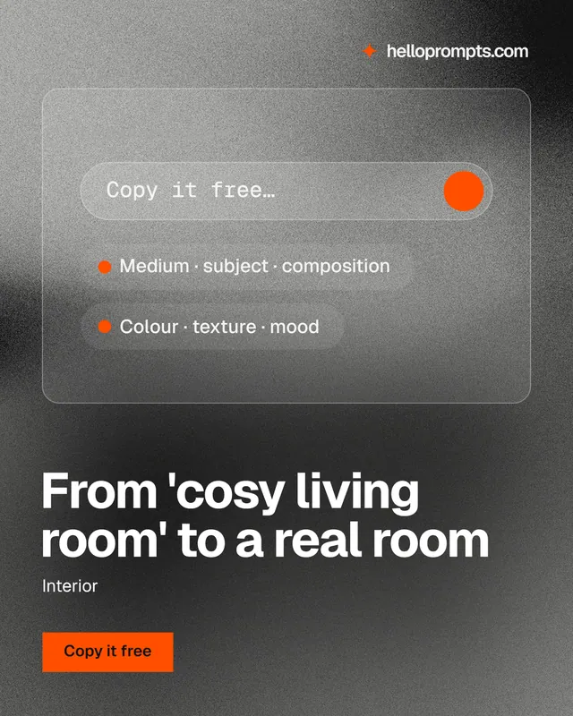 Instagram portrait post for HelloPrompts: "From 'cosy living room' to a real room". Swiss style, bottom layout, dark palette in grey, black.