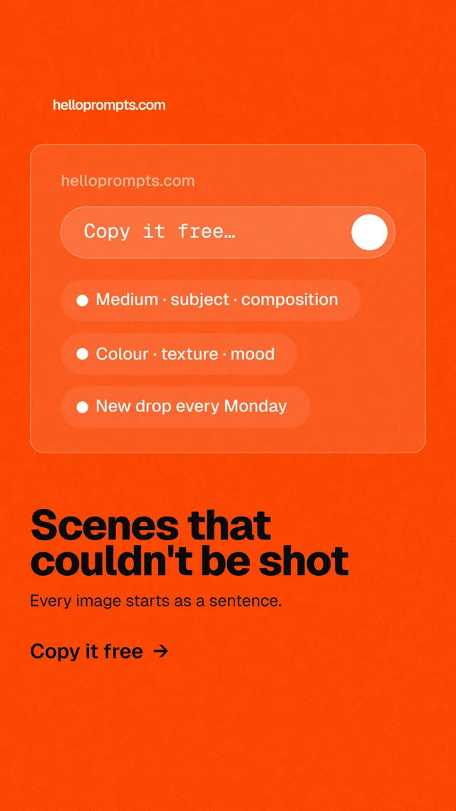 Instagram story for HelloPrompts: "Scenes that couldn't be shot". Turn card style, bottom layout, dark palette in orange.