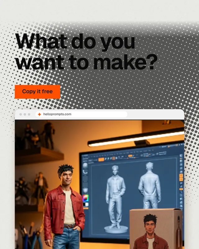 Instagram portrait post for HelloPrompts: "What do you want to make?" Swiss style, browser layout, light palette in orange, black, grey.
