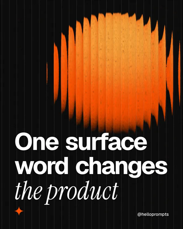 Instagram portrait post for HelloPrompts: "One surface word changes the product". Auto 4x5 style, technique:shader field layout, dark palette in black, orange.