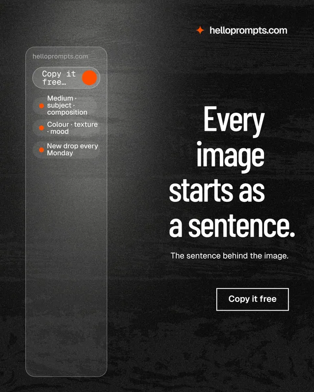 Instagram portrait post for HelloPrompts: "Every image starts as a sentence." Dark deco style, right layout, dark palette in black, grey.