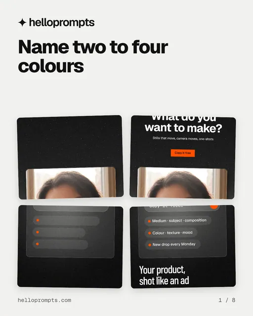 Carousel for HelloPrompts: "Name two to four colours". Collection carousel, 8 slides, light palette.