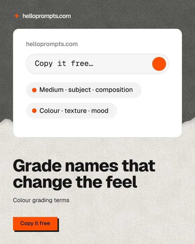 Instagram portrait post for HelloPrompts: "Grade names that change the feel". Paper trio style, bottom layout, light palette in white, grey.