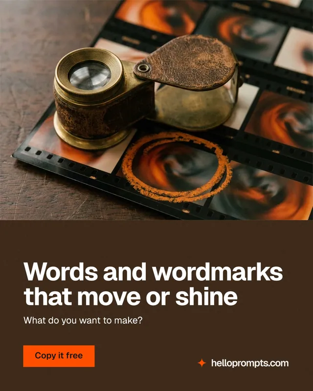 Instagram portrait post for HelloPrompts: "Words and wordmarks that move or shine". Swiss style, bottom layout, dark palette in orange, grey, black.