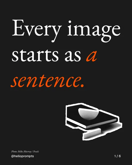 Carousel for HelloPrompts: "Every image starts as a sentence.". Cutout essay, 6 slides, dark palette.