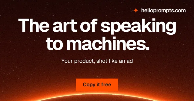 Social ad for HelloPrompts: "The art of speaking to machines." Swiss style, centred layout, dark palette in black, red, orange.