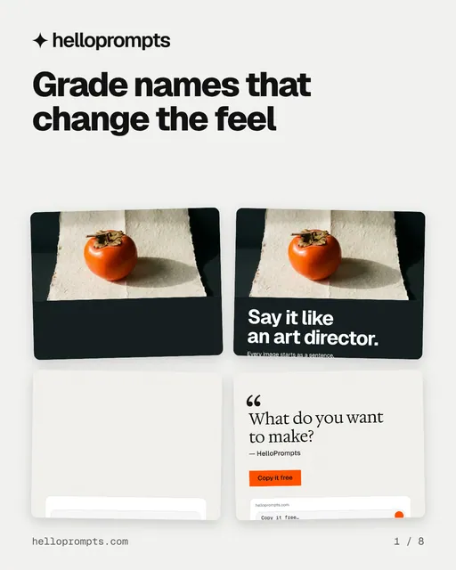 Carousel for HelloPrompts: "Grade names that change the feel". Collection carousel, 8 slides, light palette.