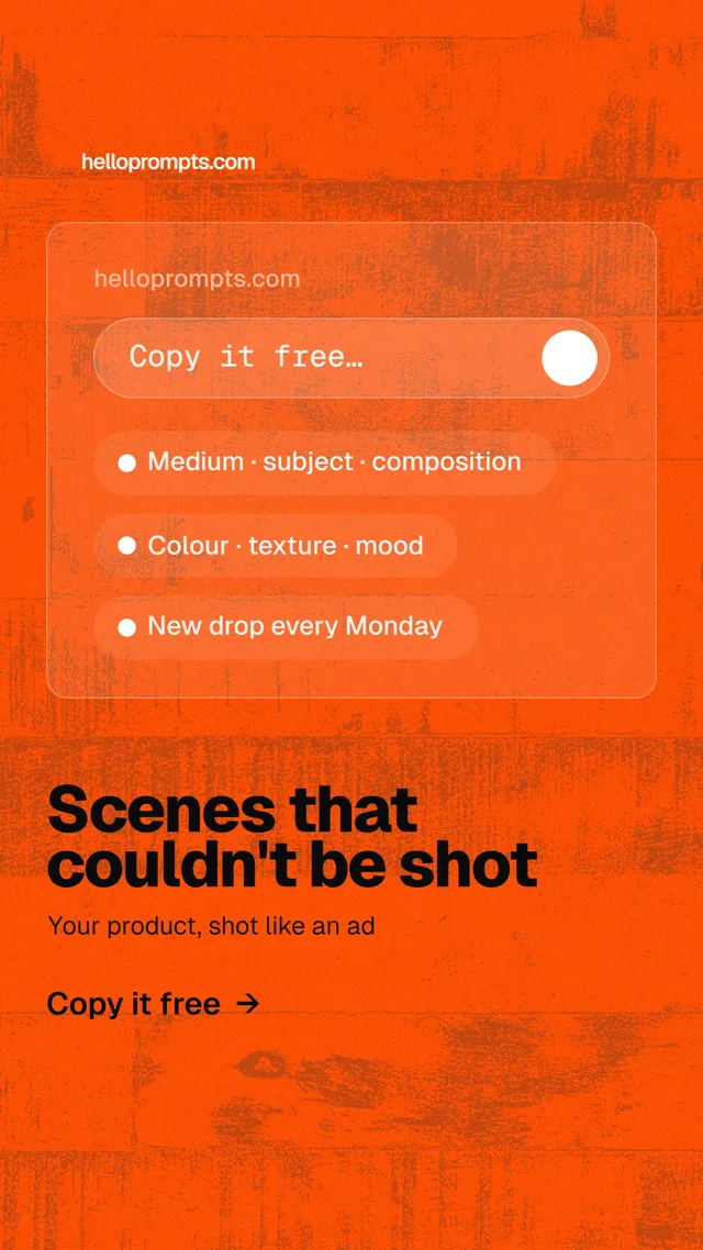 Instagram story for HelloPrompts: "Scenes that couldn't be shot". Turn card style, bottom layout, light palette in orange.