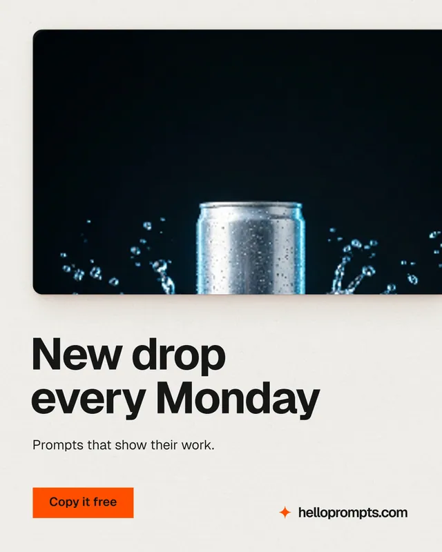 Instagram portrait post for HelloPrompts: "New drop every Monday". Swiss style, bottom layout, light palette in white, black.