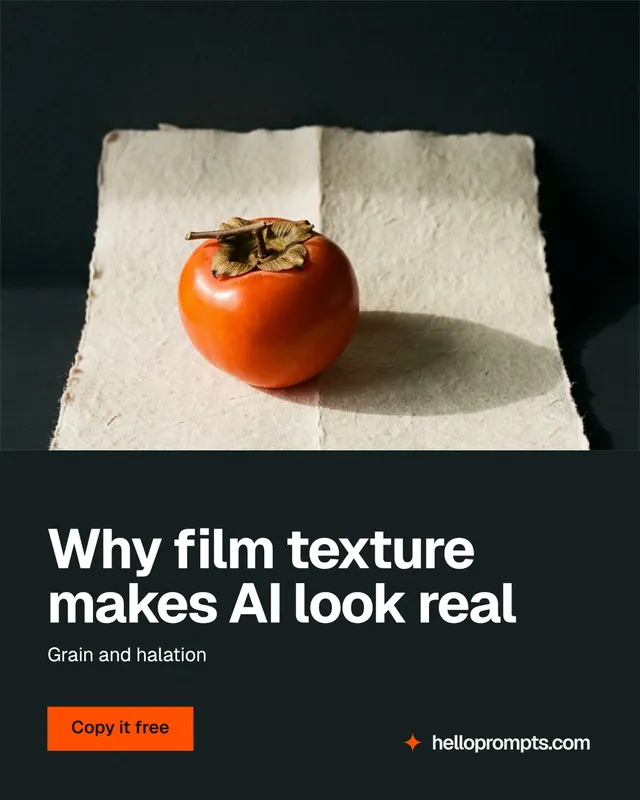 Instagram portrait post for HelloPrompts: "Why film texture makes AI look real". Swiss style, bottom layout, dark palette in black, orange.