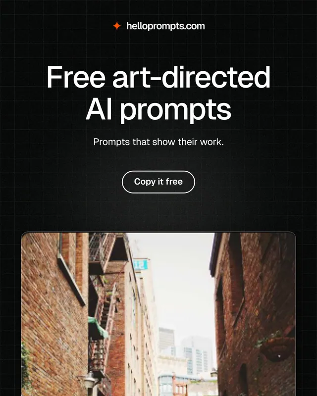 Instagram portrait post for HelloPrompts: "Free art-directed AI prompts". Phosphor atlas style, centred layout, dark palette in black, orange.