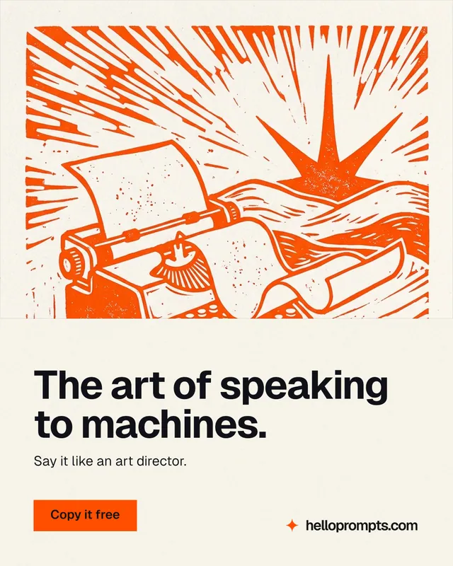 Instagram portrait post for HelloPrompts: "The art of speaking to machines." Swiss style, bottom layout, light palette in white, orange.