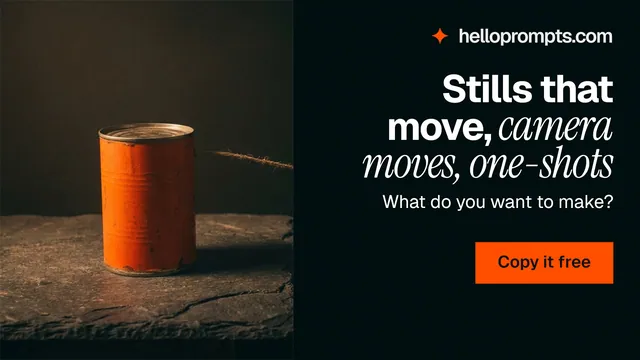 Landscape graphic for HelloPrompts: "Stills that move, camera moves, one-shots". Swiss style, right layout, dark palette in black, orange, brown.