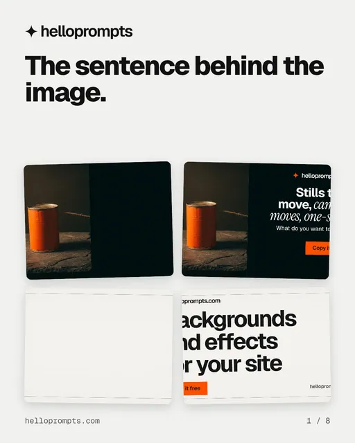 Carousel for HelloPrompts: "The sentence behind the image.". Collection carousel, 8 slides, light palette.
