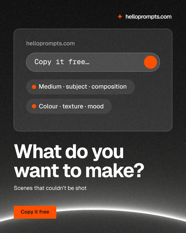 Instagram portrait post for HelloPrompts: "What do you want to make?" Swiss style, bottom layout, dark palette in black, grey.