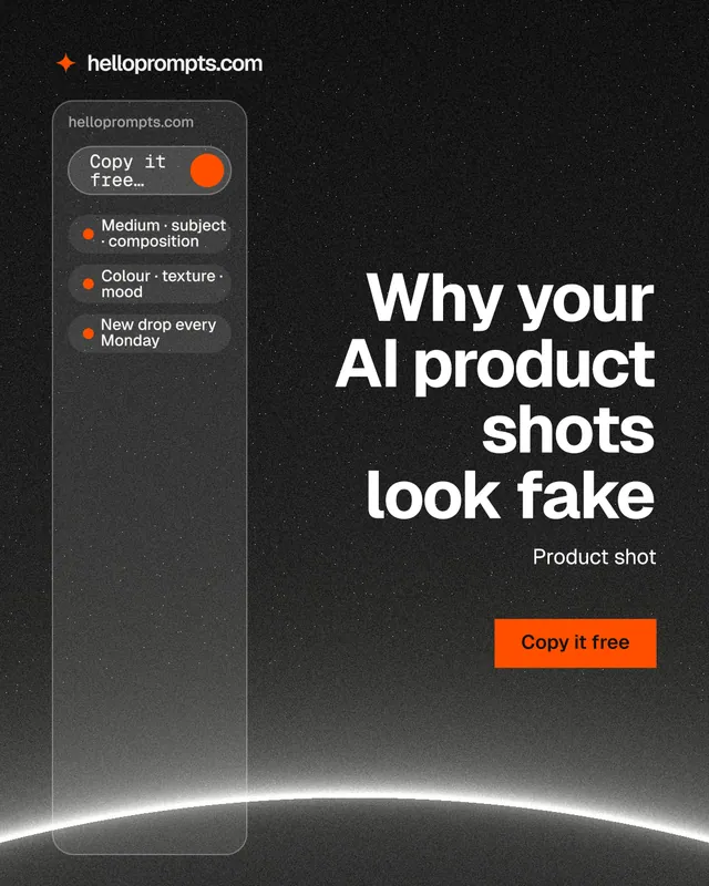 Instagram portrait post for HelloPrompts: "Why your AI product shots look fake". Swiss style, right layout, dark palette in black, grey.