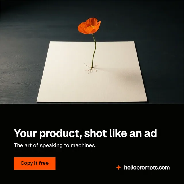 Instagram post for HelloPrompts: "Your product, shot like an ad". Swiss style, bottom layout, dark palette in black, grey.