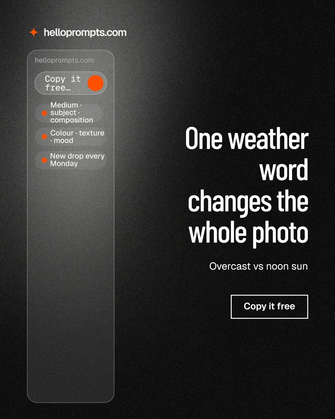 Instagram portrait post for HelloPrompts: "One weather word changes the whole photo". Dark deco style, right layout, dark palette in black, grey.