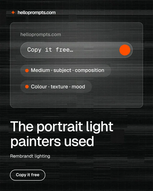 Instagram portrait post for HelloPrompts: "The portrait light painters used". Phosphor atlas style, bottom layout, dark palette in black, grey.
