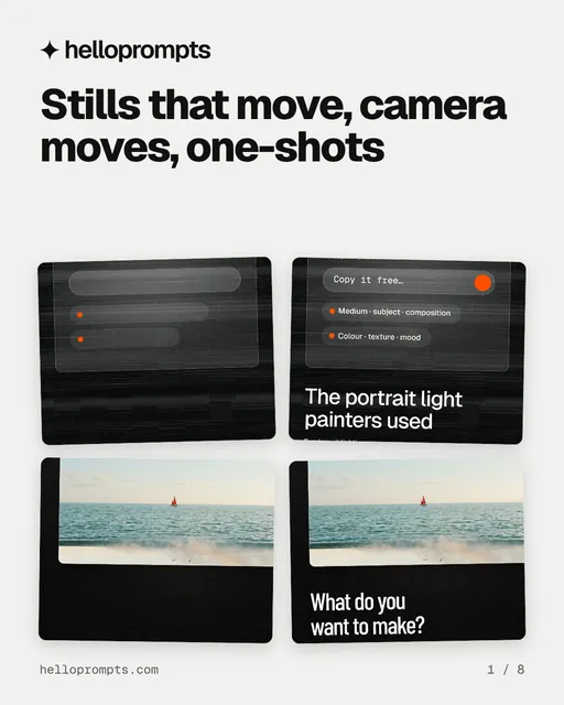 Carousel for HelloPrompts: "Stills that move, camera moves, one-shots". Collection carousel, 8 slides, light palette.